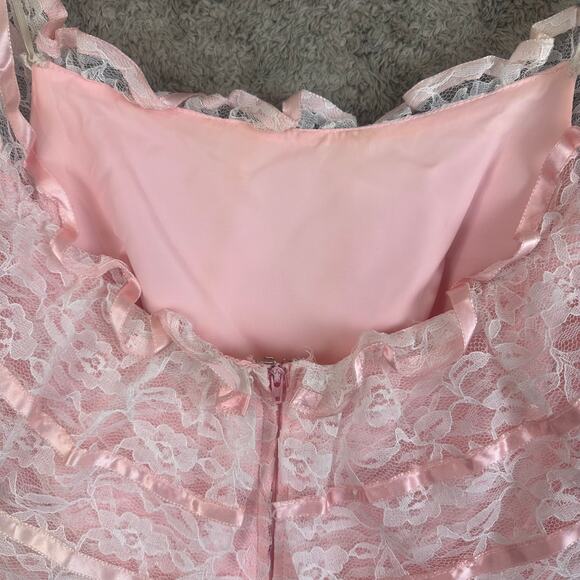 Vintage 80s Pale Pink Lace Off Shoulder Full Skirt Prom Dress Prairie Cottage - Picture 8 of 14